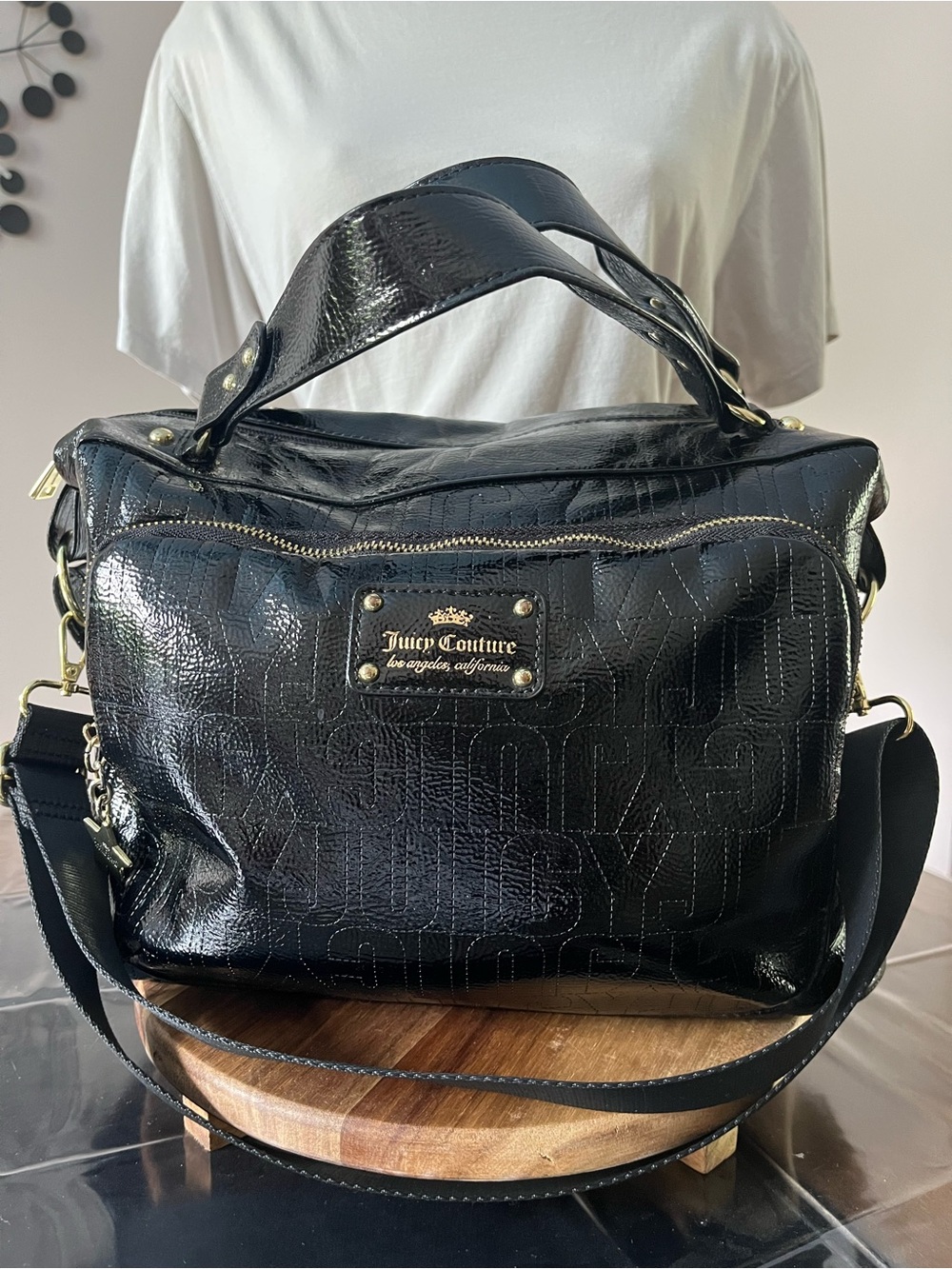 Women’s Juicy Couture Black Glossy Monogram Hand Bag / Shoulder Bag